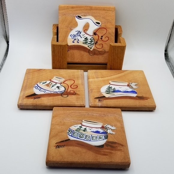 Drink Beverage Coasters Hand Painted Wood Holder Native American Southwest Set 4 - Picture 11 of 11